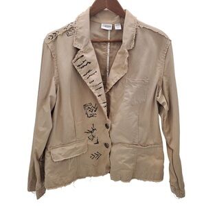 Chico's Women's 2-Button Khaki Jacket Size 2 Raw Edge, Artsy Solar Image Pockets